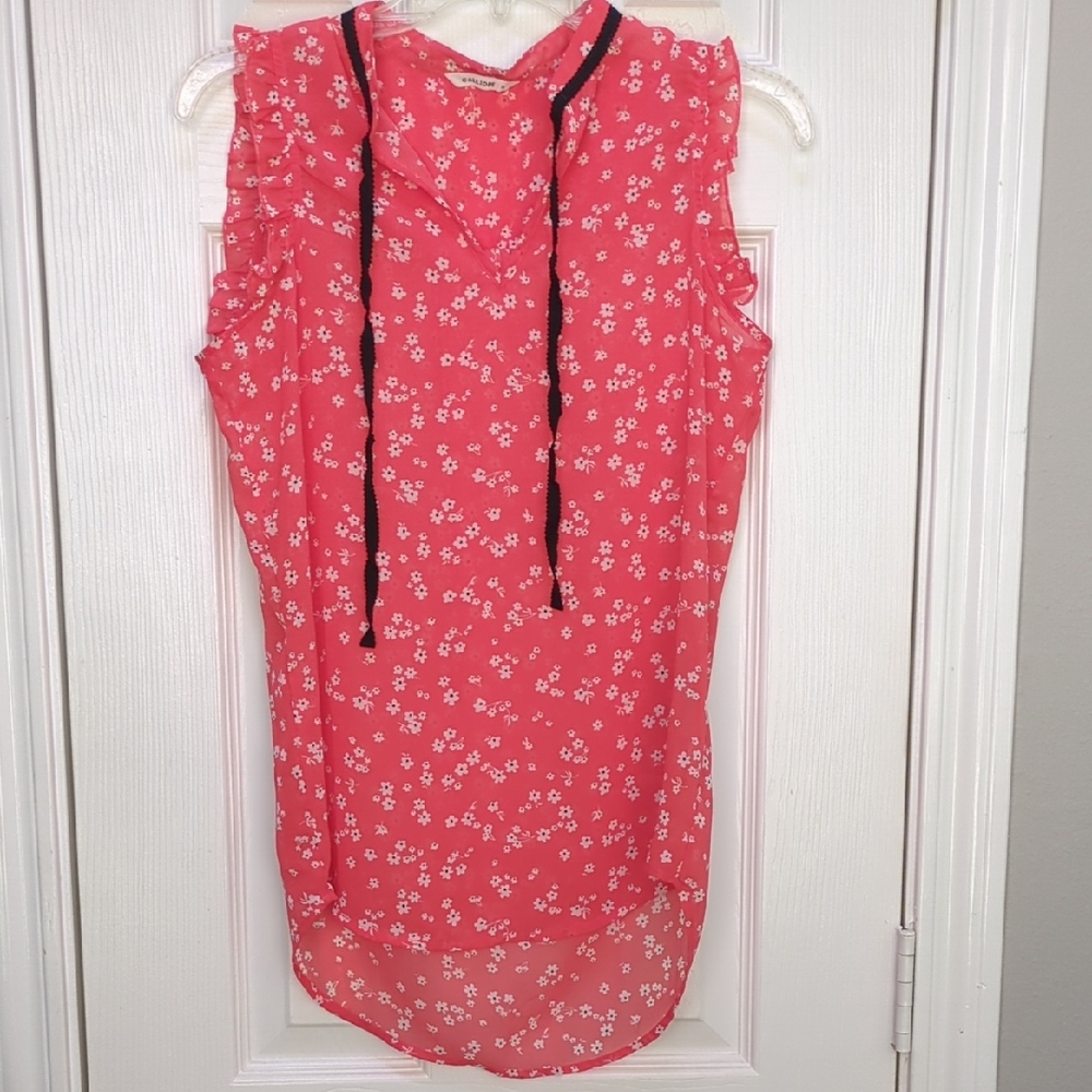 Calliope Coral Floral Sheer Sleeveless Blouse with Ruffles, Size Small